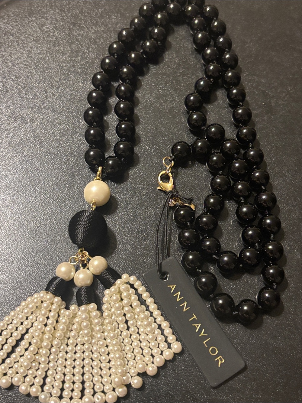 Ann Taylor Black Beaded Necklace with Ivory Pearl Tassel